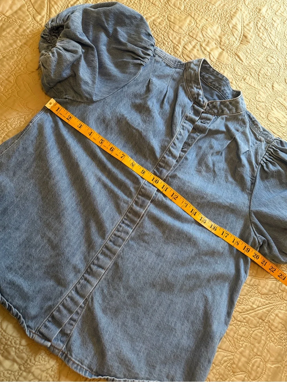 Denim Chambray Puff Sleeve Button Up Prairie Blouse Cottagecore Top - Picture 8 of 12